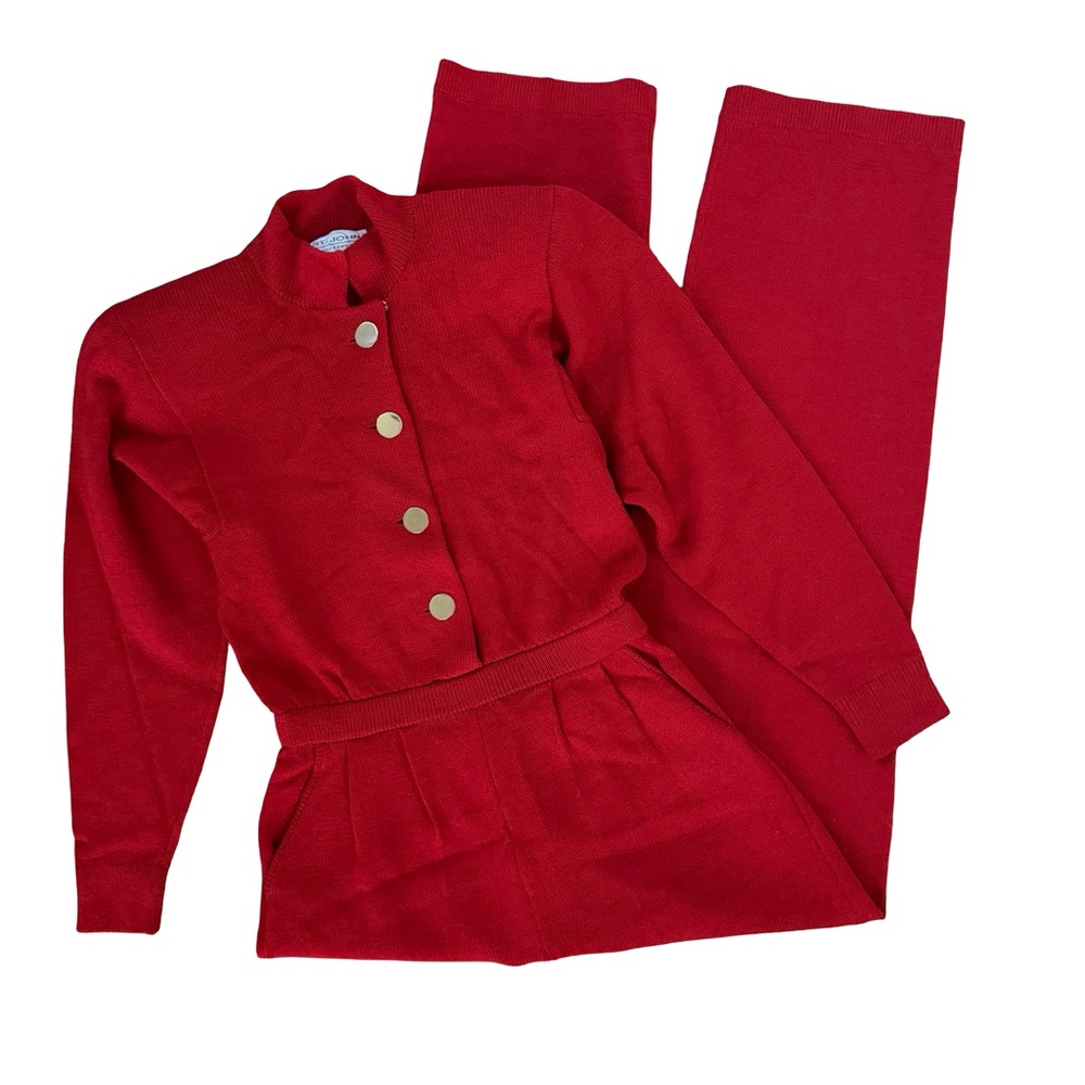 Women’s Red Knit Jumpsuit with Button Front